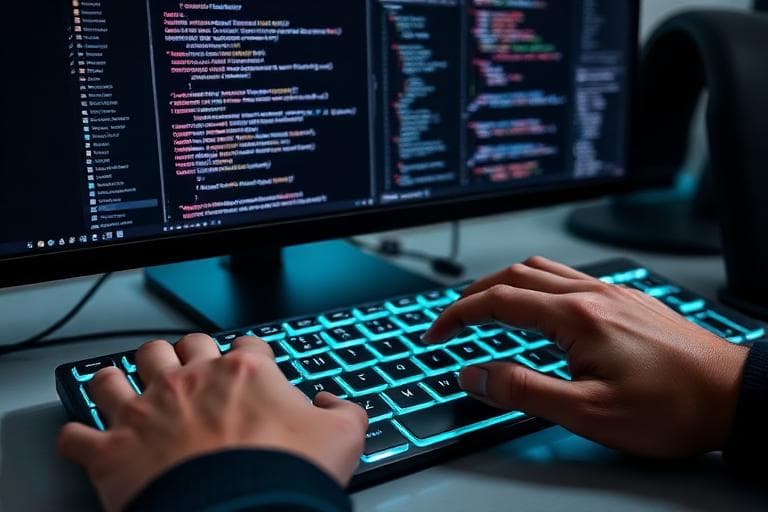 Developer coding with teal backlit keyboard